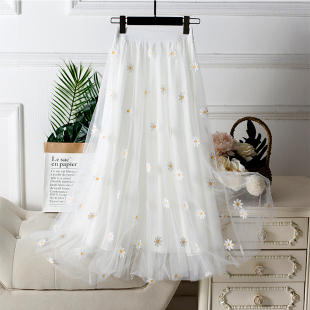 小雏菊刺绣网纱半身裙2025春夏新款 白色显瘦a字仙女裙 高腰中长款