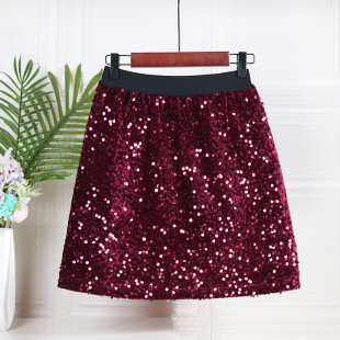 闪闪亮片丝绒半身裙高腰显瘦包臀绝美半裙女秋冬新款重工a字短裙