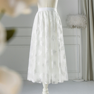 2025春夏新款 网纱半身裙羽毛白亮片刺绣纱裙高腰蓬蓬大摆仙女长裙