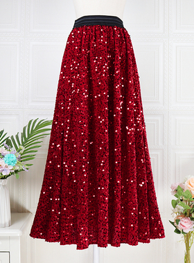 红色丝绒闪闪亮片半身裙时尚显瘦A字裙秋冬新款高腰大摆长子裙女