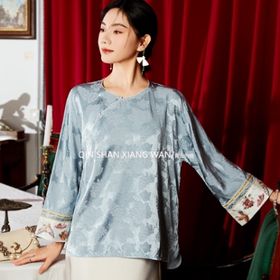 【听溪】春装新款长袖上衣国风新中式天丝提花宽松遮肉显瘦衬衫女
