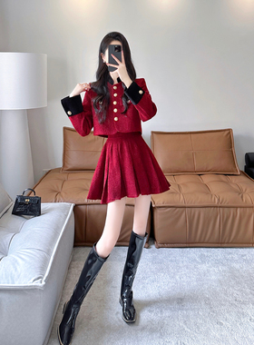 红色小香风秋冬套装2023新款高级感气质名媛粗花呢百褶裙两件套女