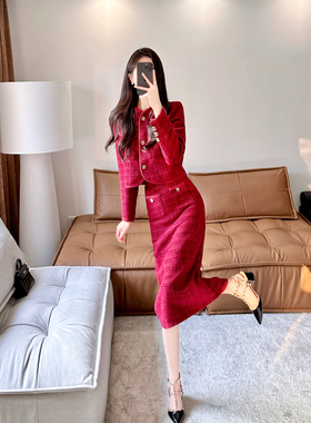 红色小香风套装2024新款法式富家千金高级感气质名媛中长款两件套