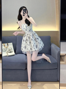 碎花吊带裙2024夏季新款法式气质名媛收腰显瘦甜美纱网a字连衣裙