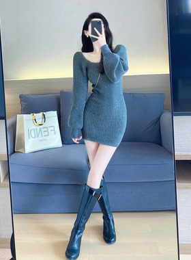 针织连衣裙女秋冬2023新款气质名媛修身法式方领灯笼袖内搭打底裙