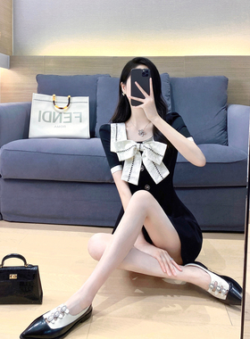 黑色小香风连衣裙2023夏季新款气质名媛收腰显瘦蝴蝶结方领a字裙