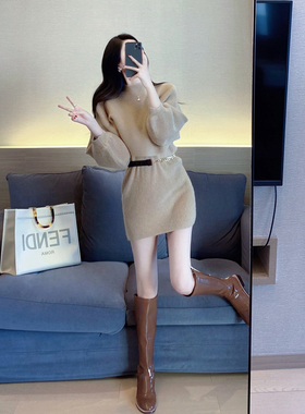 针织连衣裙秋冬2025新款韩版法式气质宽松显瘦高领毛衣裙两件套女