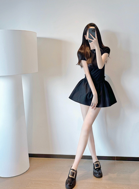黑色套装2025夏季新款气质名媛修身收腰显瘦甜美公主蓬蓬裙两件套