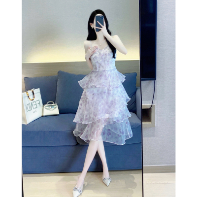法式蛋糕裙欧根纱碎花吊带裙