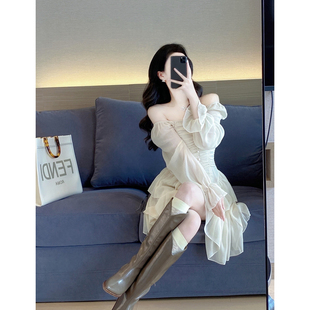 方领收腰显瘦甜美温柔仙女裙a字连衣裙 气质名媛法式 2022新款 春装