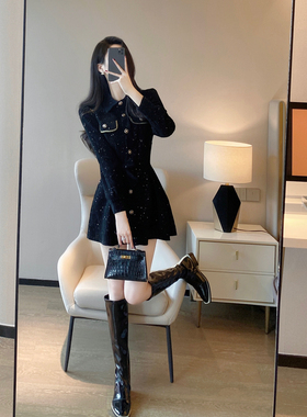 黑色连衣裙女秋冬2024新款气质名媛收腰显瘦法式高级感a字小黑裙