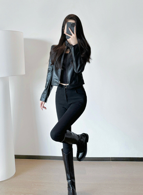 黑色皮衣外套女高级感小个子2024春秋新款美式酷飒风立领机车夹克