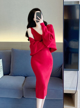 温柔红色连衣裙秋冬2022春季新款气质名媛复古中长款针织两件套女