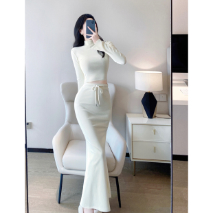 套装春秋女2023新款气质名媛复古纯欲性感辣妹中长款包臀裙两件套