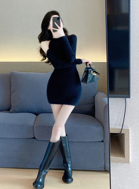 黑色针织连衣裙春装2022年新款女露肩纯欲风马海毛软糯毛衣包臀裙