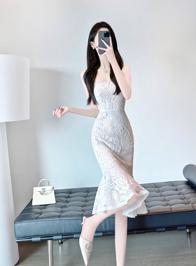 白色蕾丝连衣裙女夏季2024新款气质名媛修身显瘦中长款抹胸鱼尾裙