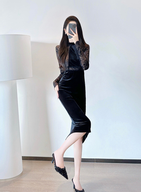 黑色丝绒蕾丝连衣裙2024新款女秋冬高级感御姐风名媛中长款包臀裙