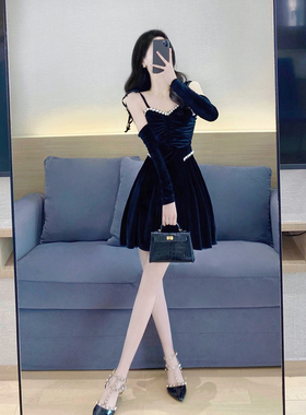 黑色丝绒连衣裙春季2023新款女装气质名媛法式复古显瘦a字小礼服