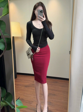 2025春秋新款气质名媛轻熟女职业OL通勤中长款开叉高腰包臀半身裙