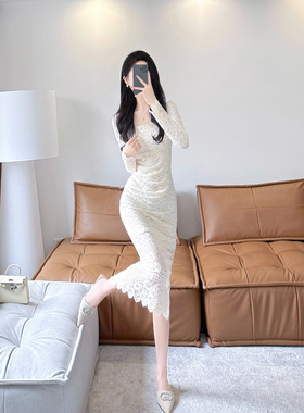 蕾丝连衣裙女装2025新款春秋高级感气质名媛修身显瘦中长款包臀裙