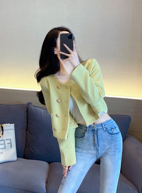 黄色小香风外套2024秋冬新款高级感气质名媛短款粗花呢外搭上衣女