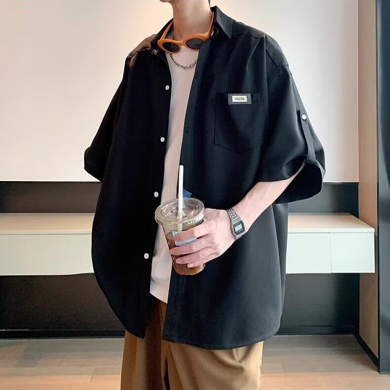 港风新款冰丝短袖衬衫男款夏季薄款衬衫潮牌休闲宽松痞帅衬衣外套图片
