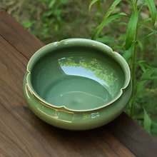 复古橄榄青釉中式 青釉茶洗茶渣缸 陕西耀州窑全手工花口素面中式