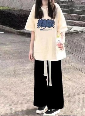 盐系穿搭夏季小个子宽松短袖t恤女学生垂感阔腿裤百搭两件套装ins