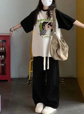 初中生女孩套装夏季新款盐系穿搭插肩袖T恤休闲阔腿裤运动两件套
