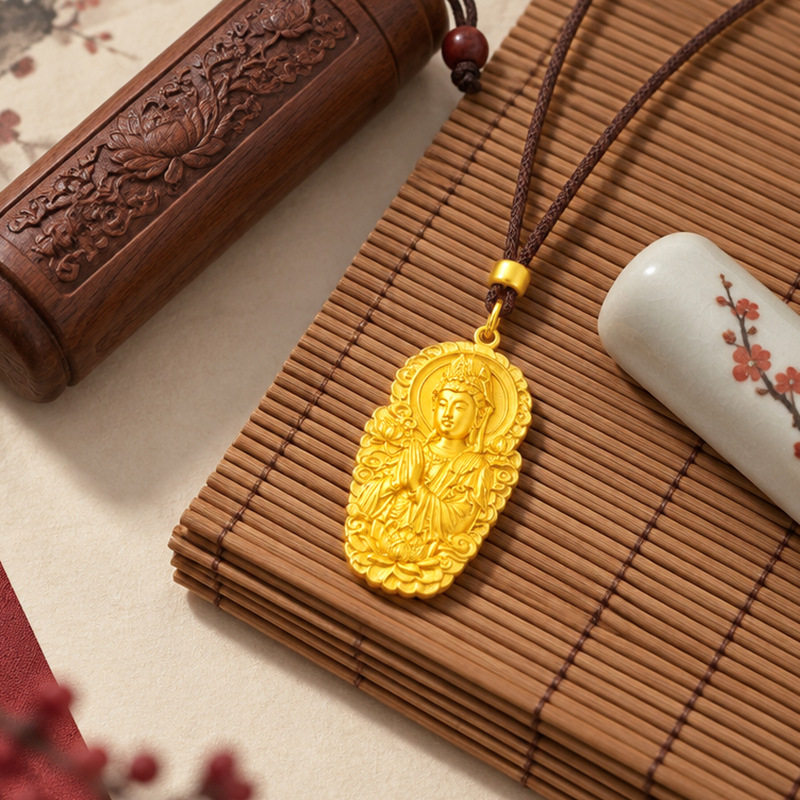 归真居越南沙金古法金莲花观音佛牌吊坠 女国风小复古项链挂件