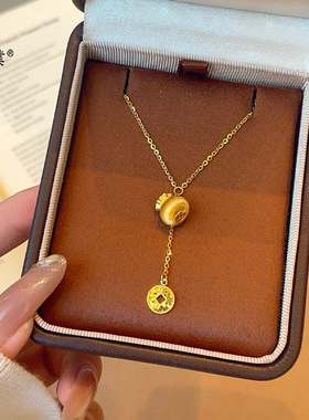 璞佐金店同款沙金碎碎冰铜钱流苏钱袋项链女新中式小众国风锁骨链