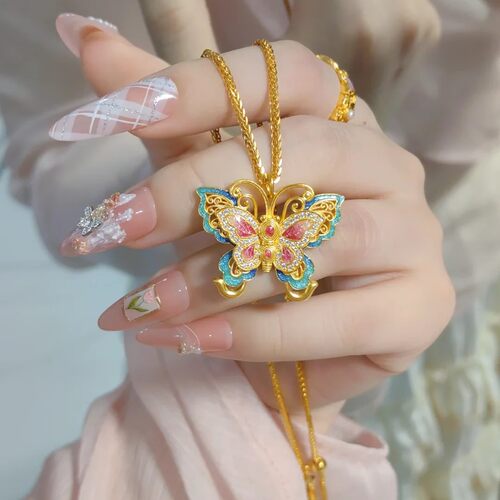 保色沙金庄周梦蝶花丝珐琅彩脉脉花蝶项链女新中式烧蓝蝴蝶锁骨链