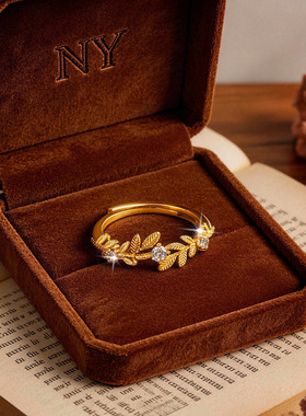 金店款月桂叶点钻麦穗戒指女 2026小众气质简约时尚轻奢沙金指环