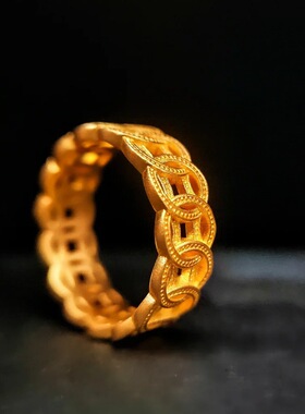 沙金古法金店同款有钱花戒指招财铜钱币指环传承镂空素圈情侣对戒