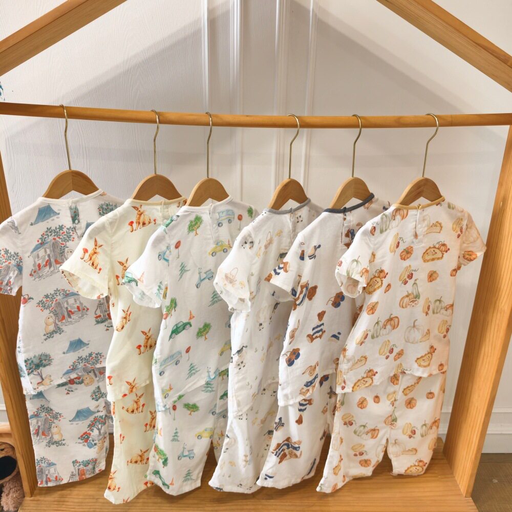 大童夏季家居服套装A类男女宝宝薄款竹棉纱布睡衣短袖短裤套装