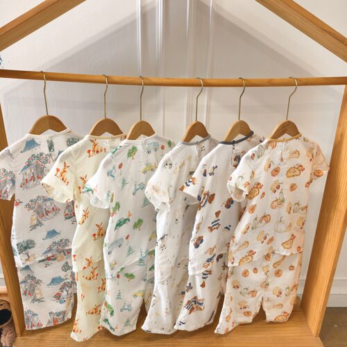 大童夏季家居服套装A类男女宝宝薄款竹棉纱布睡衣短袖短裤套装