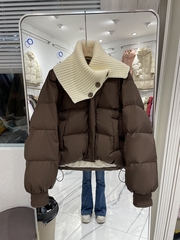 短款羽绒服女2025新款冬季针织翻领拼接宽松小个子白鸭绒加厚外套