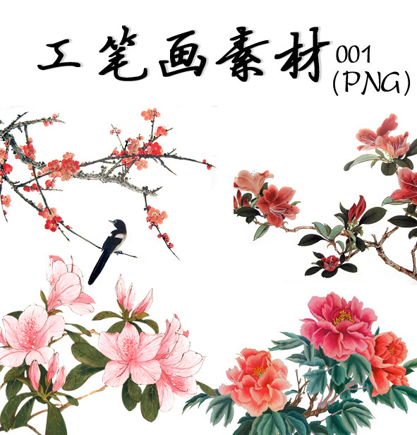 001 png中国风素材免抠图古典工笔画花朵梅花牡丹花鸟设计素材