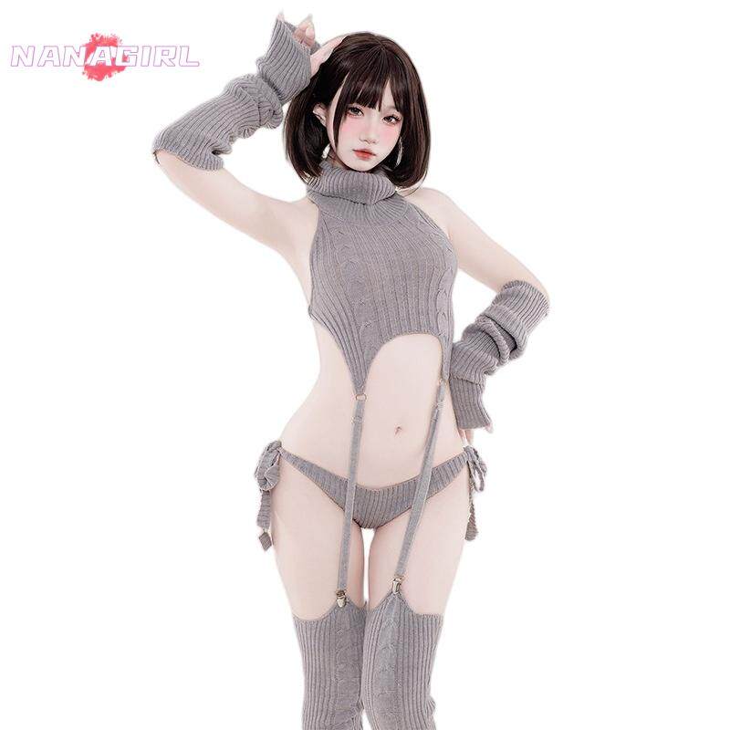 原创日系女神二次元cosplay露背毛衣比基尼款高领纯欲风吊袜带装