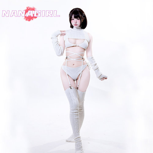 原创日系女神二次元cosplay露背毛衣比基尼款高领纯欲风吊袜带装