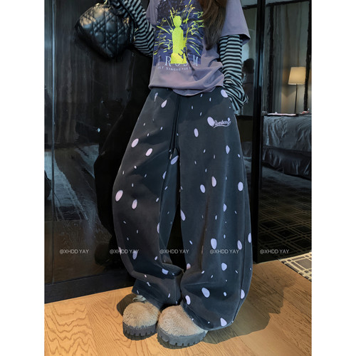 美式甜酷波点垂感拖地休闲裤女