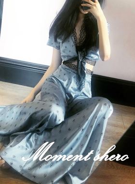 清仓特价REVE高定 法式名媛浅蓝色蕾丝拼接丝缎小蜜蜂套装女阔腿