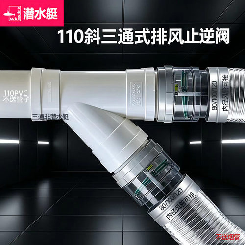 潜水艇卫生间止逆阀三通止回浴霸通风管道排气接头75/100/110PVC