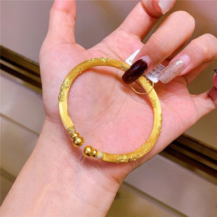 古法精致雕刻工艺镶钻双头葫芦手镯女仿黄金拉丝樱花开口镯子手环