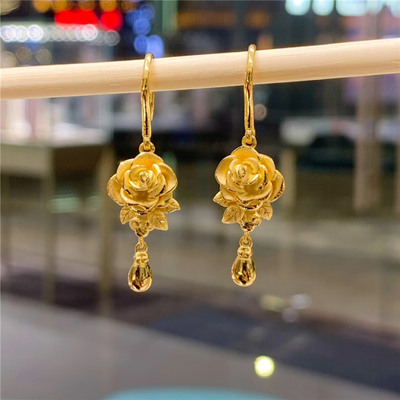 不掉色~999黄金色绽放玫瑰花耳环女复古轻奢时尚精致耳钉耳饰耳坠