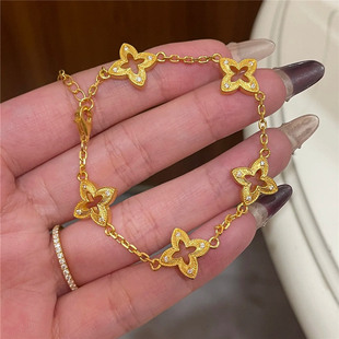 中古风镂空拉丝四叶草手链女久不掉色沙金5G工艺点钻花朵轻奢手饰
