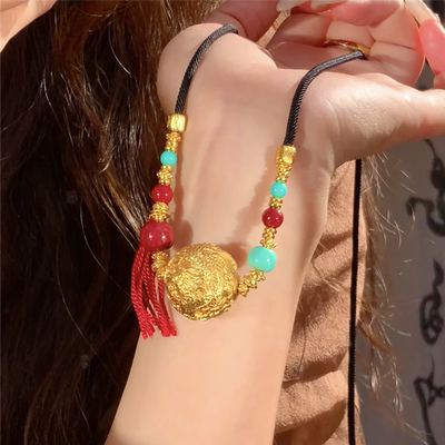 新中式绝美立体精工錾刻龙珠吊坠项链女八方来财金珠毛衣链编织绳