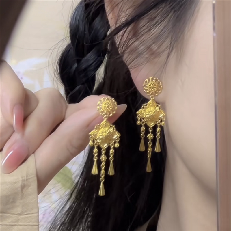 古典时尚宝相花流苏耳环女耳钉仿真黄金色古法鎏金东方韵味耳饰品