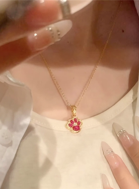 好爆闪满钻红宝石小猫爪吊坠项链