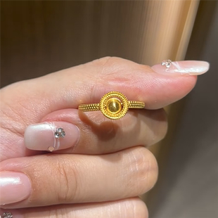 古法沙金时来运转猫眼转运珠戒指女可调节仿黄金色气质指环食指戒